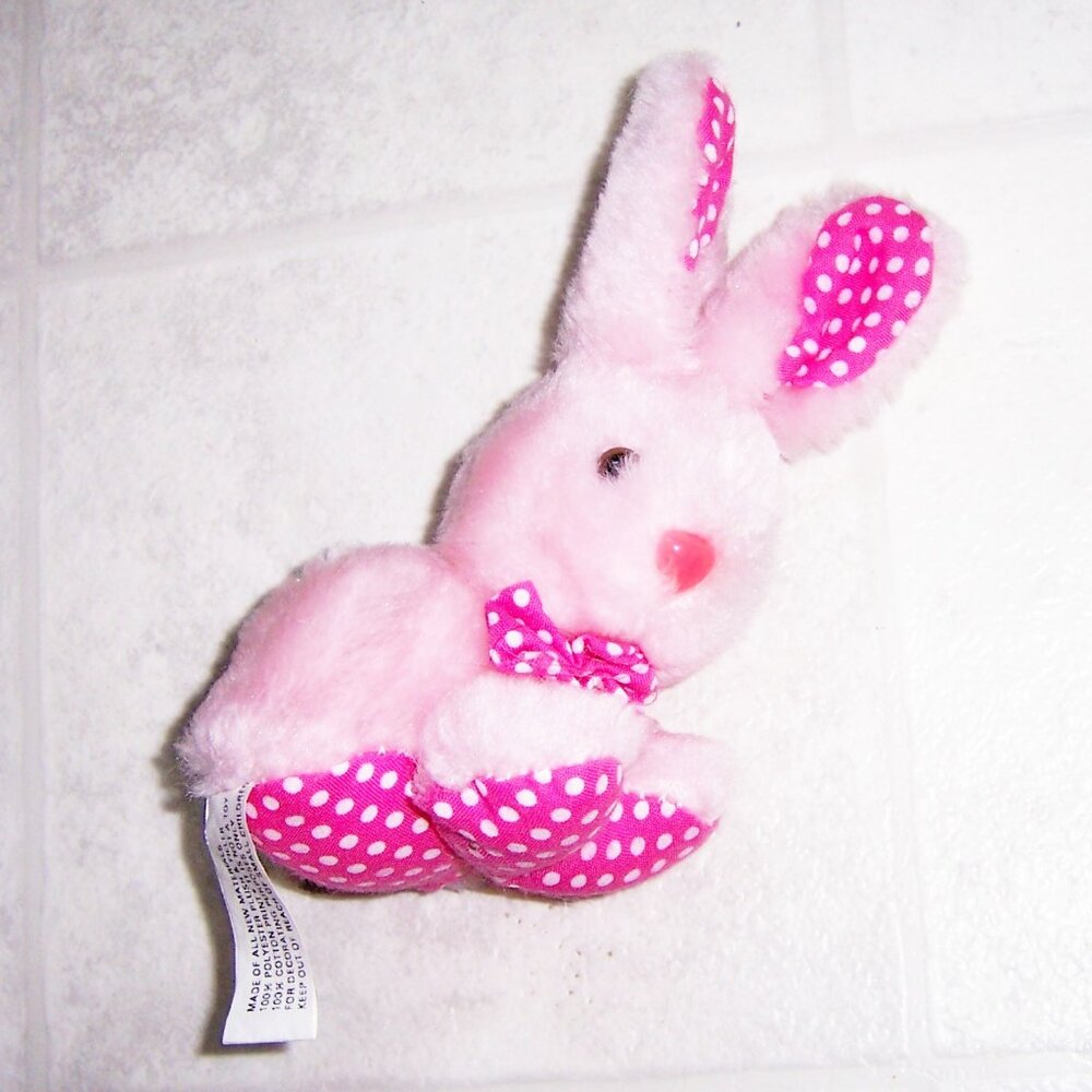Vintage 90s Tiny Pink Polka Dot Bunny Rabbit Plush Stuffed Animal Toy